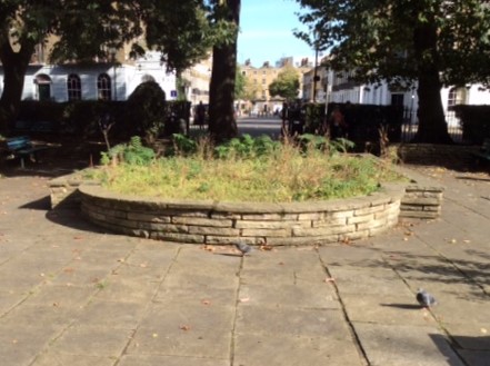 Neglected flower bed in Myddelton Square, before the gardening group started to restore them.